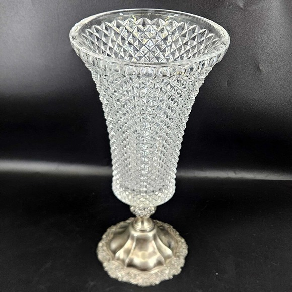 Vintage silver plated floral base diamond cut glass heavy ornate vase, 12" - Picture 2 of 6